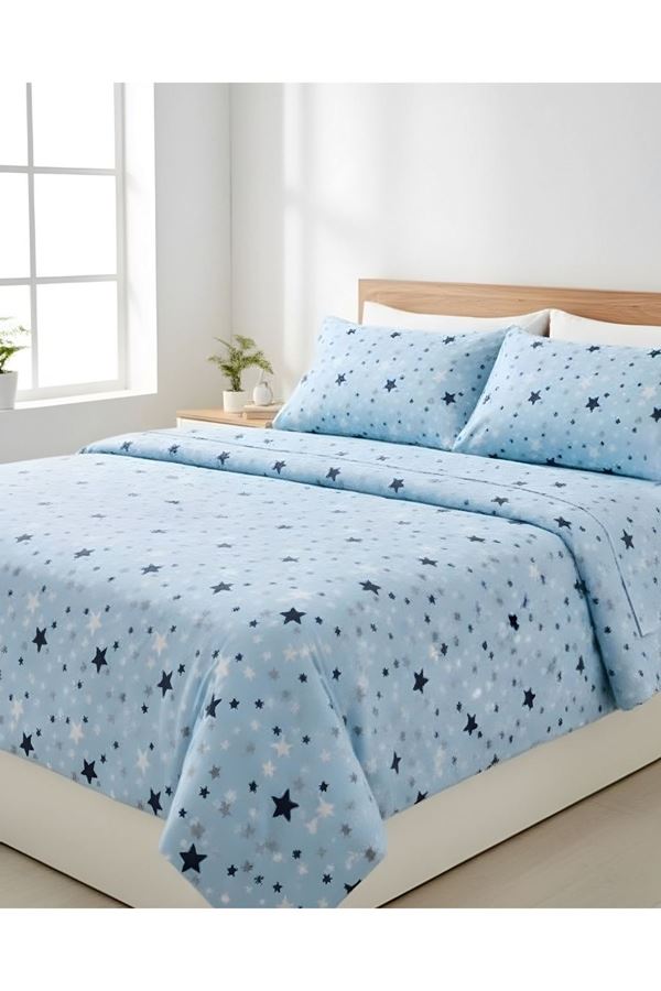 Pamuklu Yıldız Desen Tek Kişilik Nevresim Takımı Çarşafı Lastikli (fitted) MAVİ