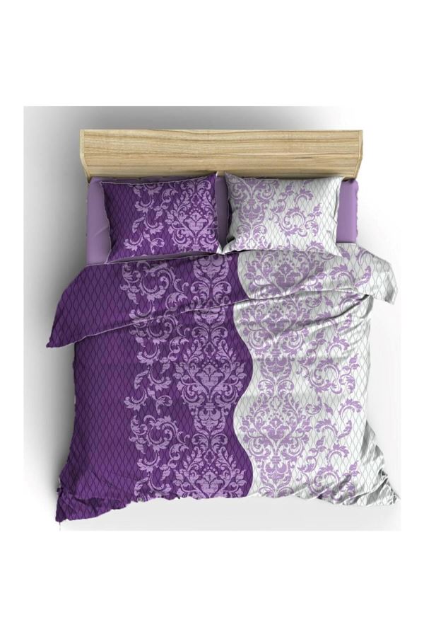 ÇİFT KİŞİLİK PAMUKLU RANFORCE KUMAŞ NEVRESİM TAKIMI ( ÇARŞAFI LASTİKLİ ) MOR YOLLU
