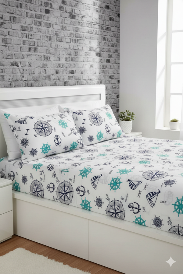 Tek Kişilik Ranforce Kumaş Lastikli Çarşaf + 1 Ad. Kapaklı Yastık Kılıfı Denizci Mavi