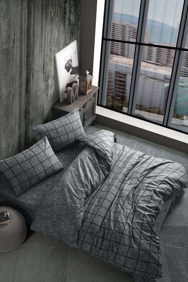 Ranforce Çift Kişilik Lastikli Çarşaflı Nevresim Takımı Kare Siyah