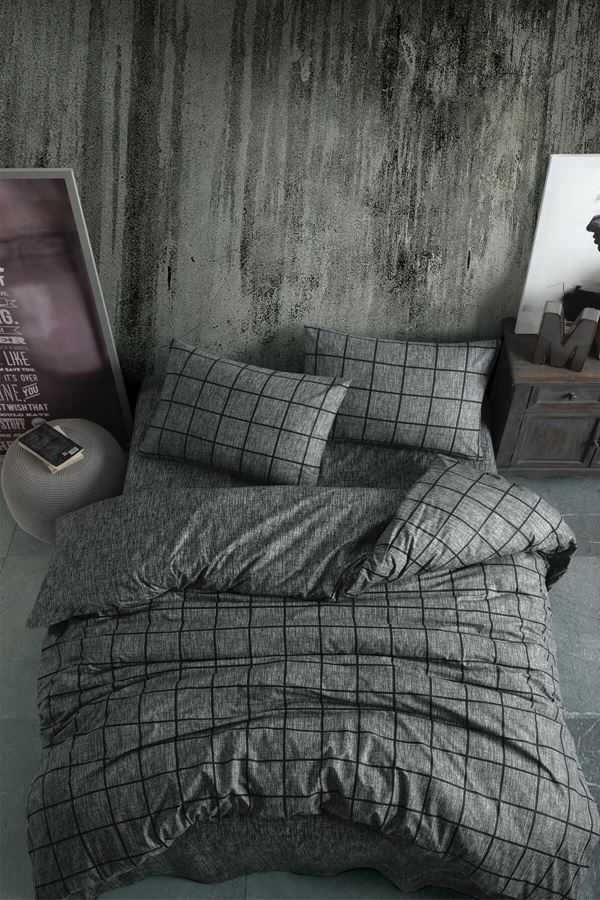 Ranforce Çift Kişilik Lastikli Çarşaflı Nevresim Takımı Kare Siyah