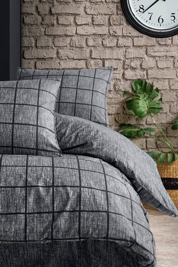 Ranforce Çift Kişilik Lastikli Çarşaflı Nevresim Takımı Kare Siyah