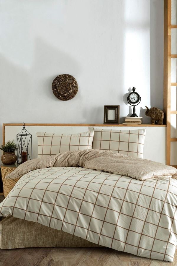 Ranforce Çift Kişilik Lastikli Çarşaflı Nevresim Takımı Kare Krem