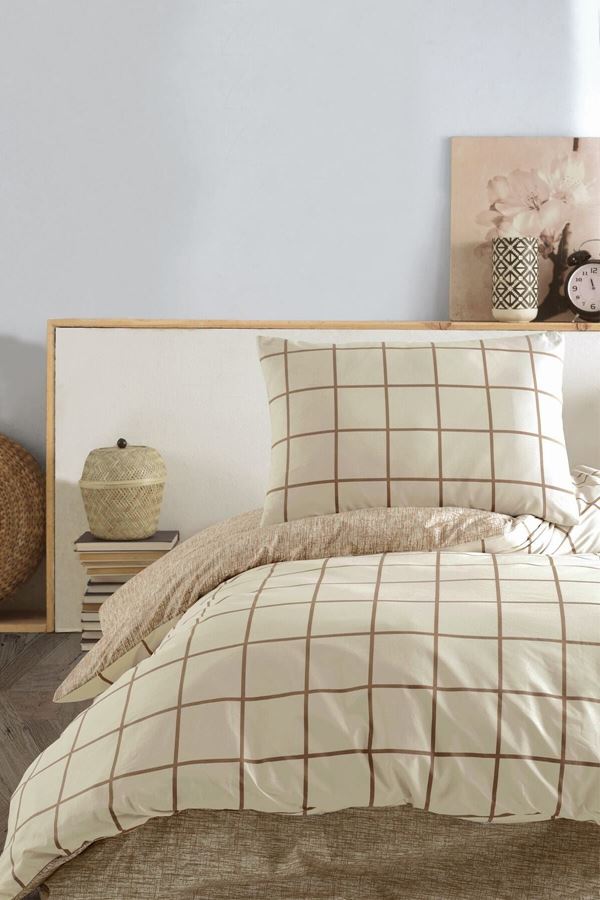 Ranforce Çift Kişilik Lastikli Çarşaflı Nevresim Takımı Kare Krem