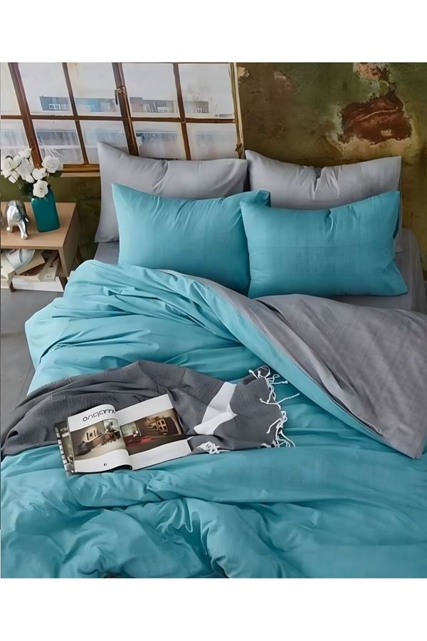 Pamuklu Tek Kişilik Çift Taraflı Nevresim Seti PETROL (çarşafsız)