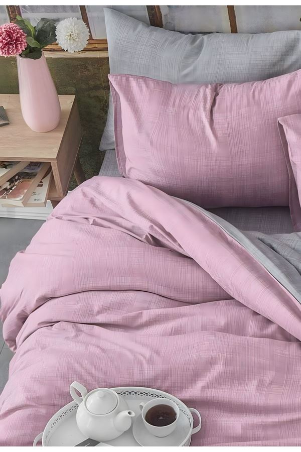 Pamuklu Tek Kişilik Çift Taraflı Nevresim Seti PEMBE (çarşafsız)
