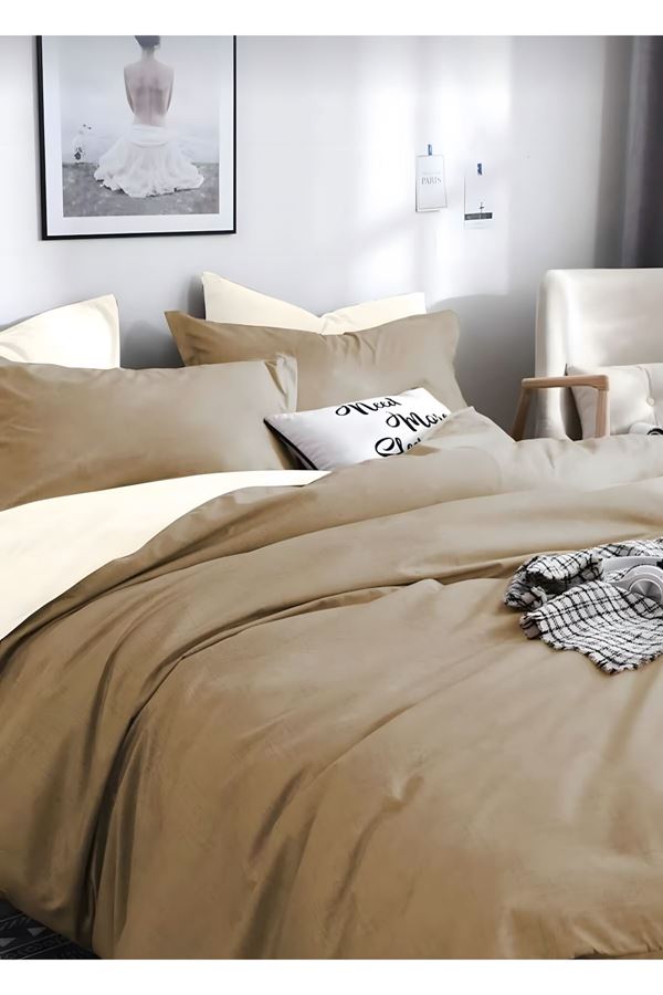 Pamuklu Tek Kişilik Çift Taraflı Nevresim Seti KAHVE (çarşafsız)