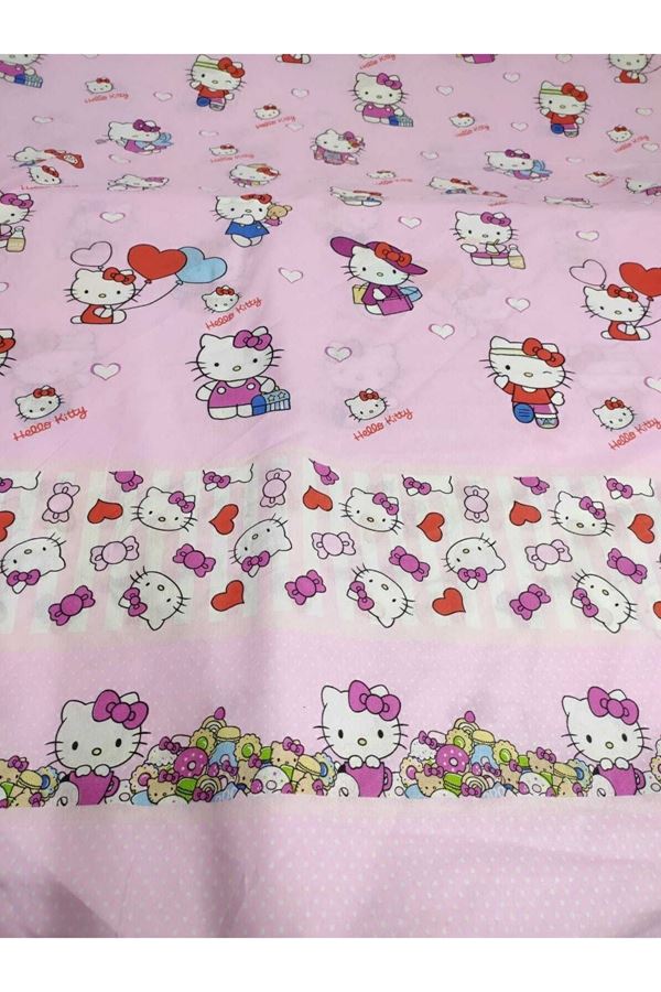 Hello Kitty Pamuklu Kumaş Nevresim Takımı ( Çarşafı Lastikli ) PEMBE