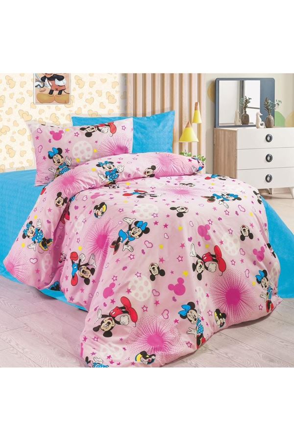 Tek Kişilik Çarşafı Lastikli Çocuk Nevresim Takımı Mickey Mousee Pembe