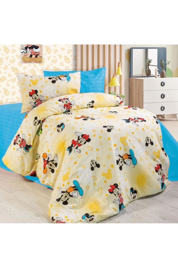 Tek Kişilik Çarşafı Lastikli Çocuk Nevresim Takımı Mickey Mousee Sarı