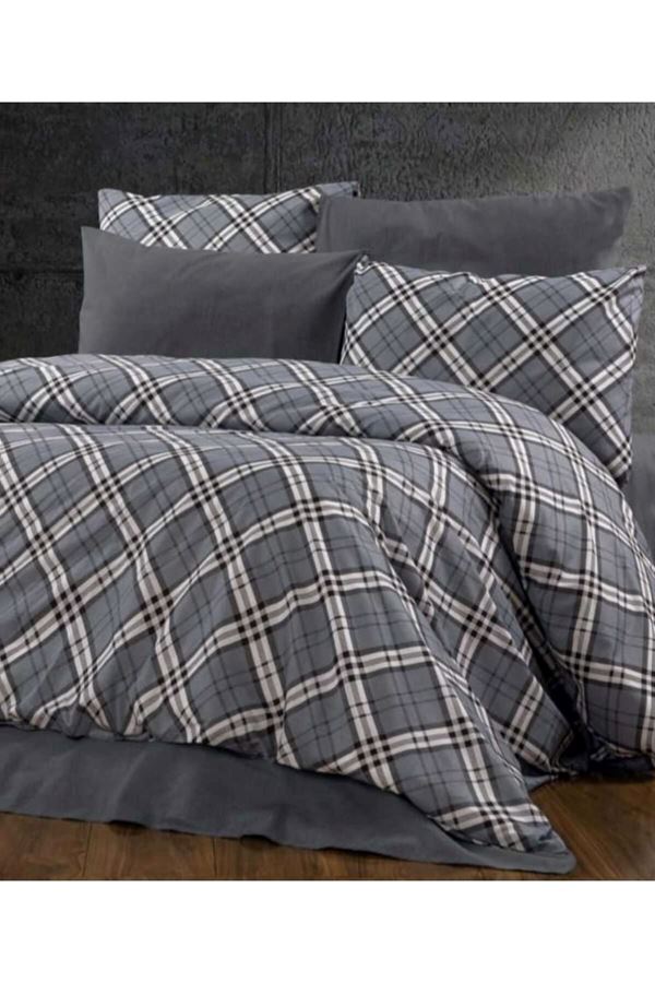 Ranforce Çift Kişilik Lastikli Çarşaflı Nevresim Takımı Kare Siyah