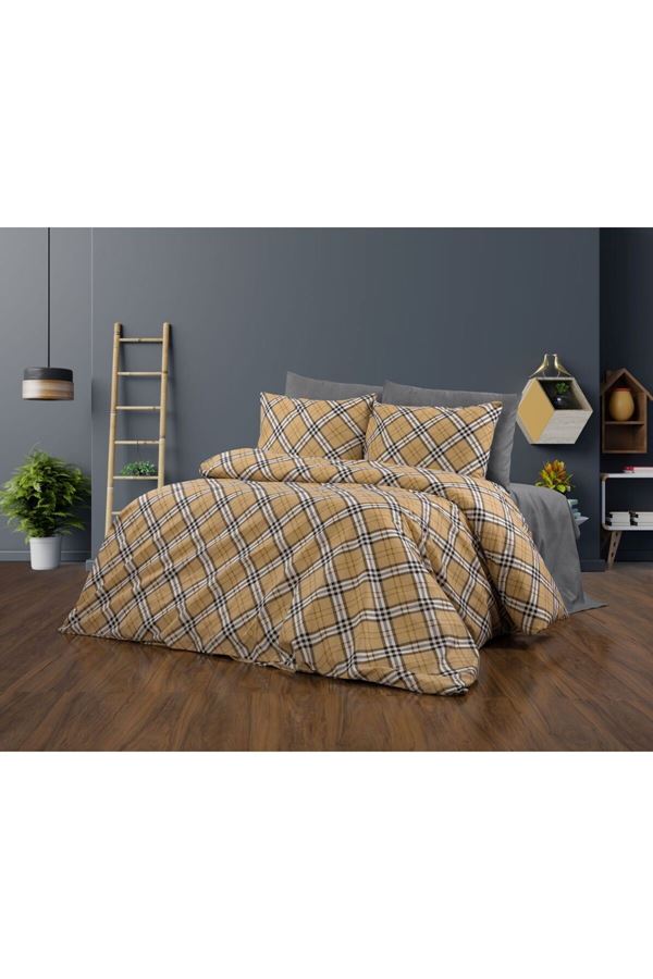 Ranforce Çift Kişilik Lastikli Çarşaflı Nevresim Takımı Yeni Kare Krem