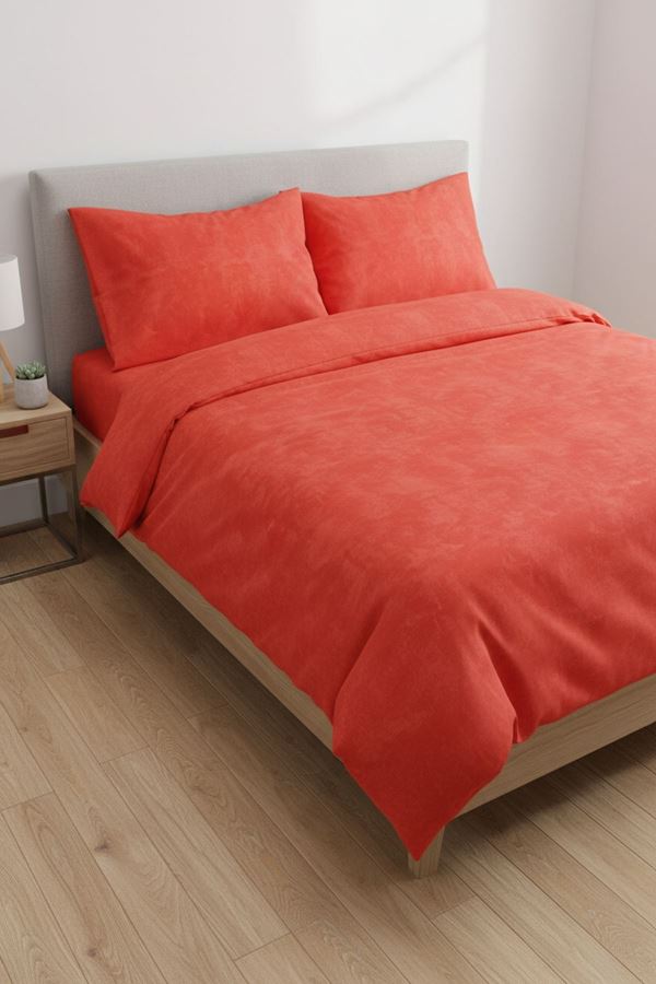 Düz Renk Pamuklu Kumaş Çift Kişilik Nevresim Takımı ( Lastikli Çarşaf ) KIRMIZI