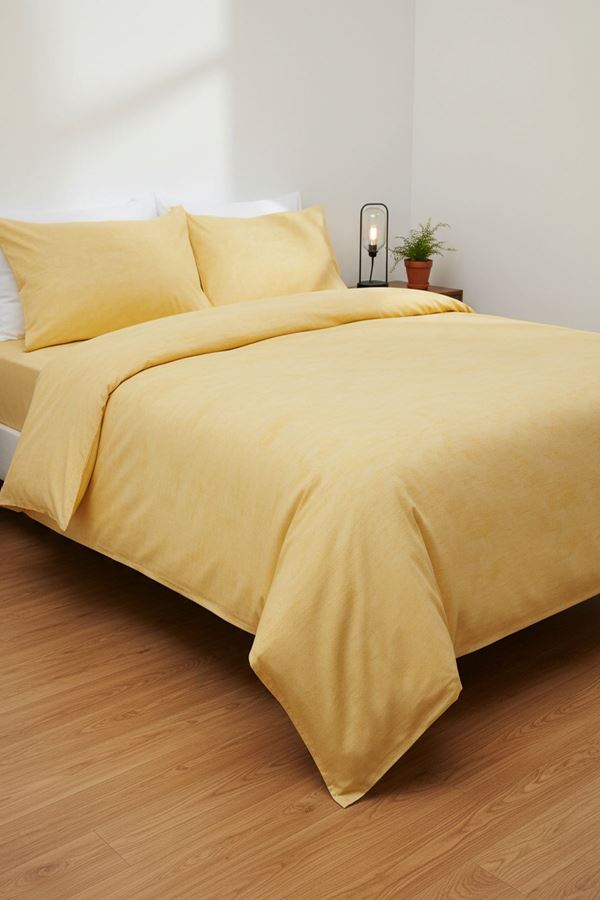 Düz Renk Pamuklu Kumaş Çift Kişilik Nevresim Takımı ( Lastikli Çarşaf ) SARI