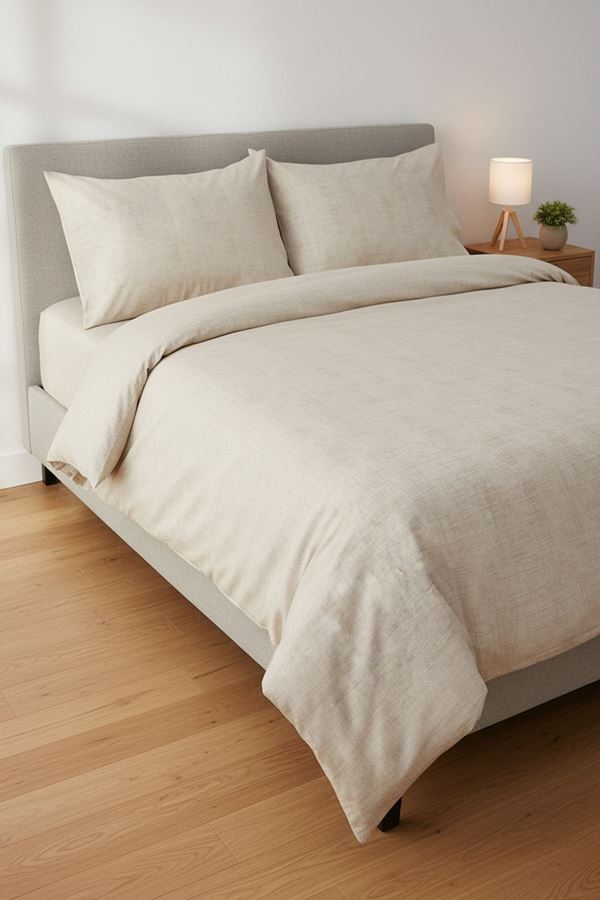 Düz Renk Pamuklu Kumaş Çift Kişilik Nevresim Takımı ( Lastikli Çarşaf ) KREM