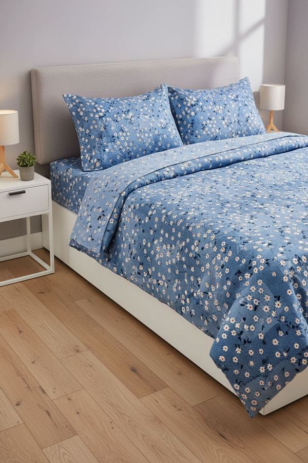 Pamuklu Kumaş Yeni Papatya Desen Çift Kişilik Nevresim Takımı Mavi