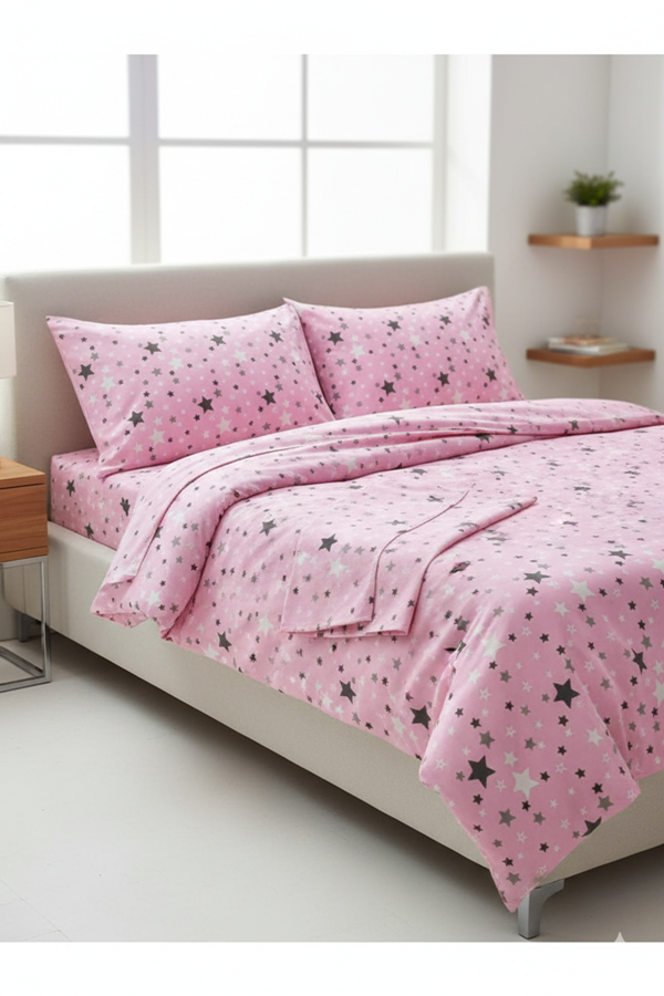 Pamuklu Yıldız Desen Çift Kişilik Nevresim Takımı Çarşafı Lastikli (fitted) PEMBE