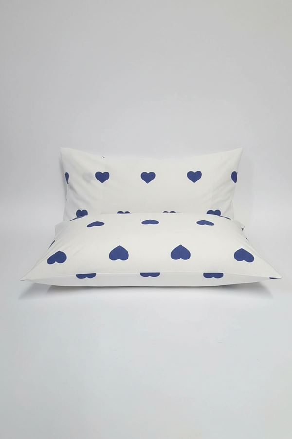 Pamuklu Kalp Desen Yastık Kılıfı Beyazmavi