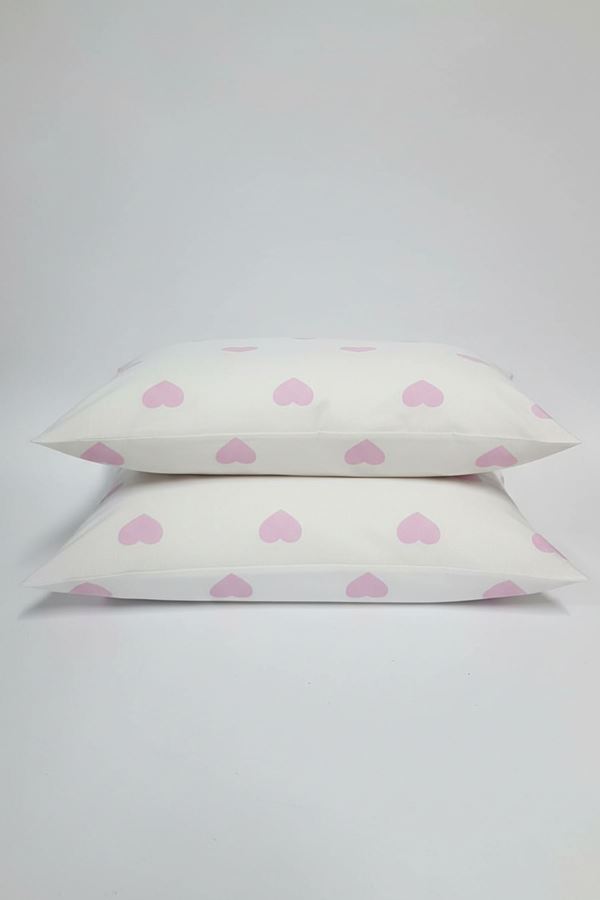 Pamuklu Kalp Desen Yastık Kılıfı Beyazpembe