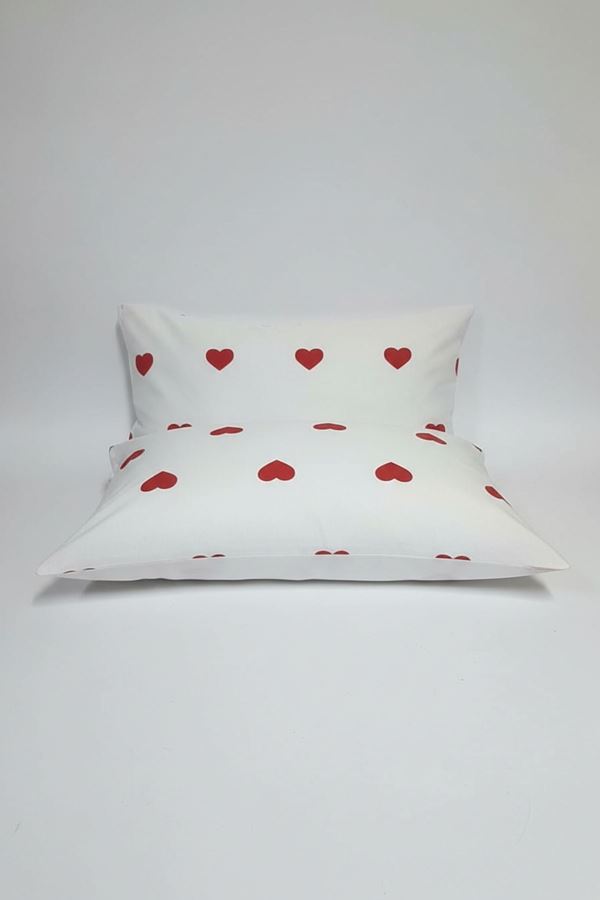 Pamuklu Kalp Desen Yastık Kılıfı Beyazkırmızı