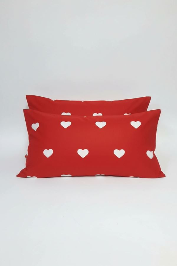 Pamuklu Kalp Desen Yastık Kılıfı Kırmızı