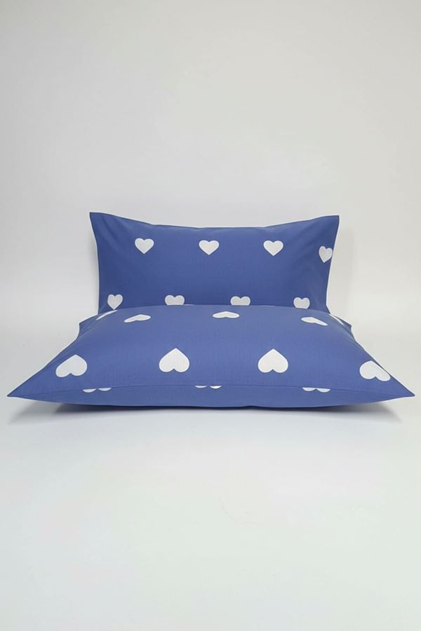 Pamuklu Kalp Desen Yastık Kılıfı Mavi