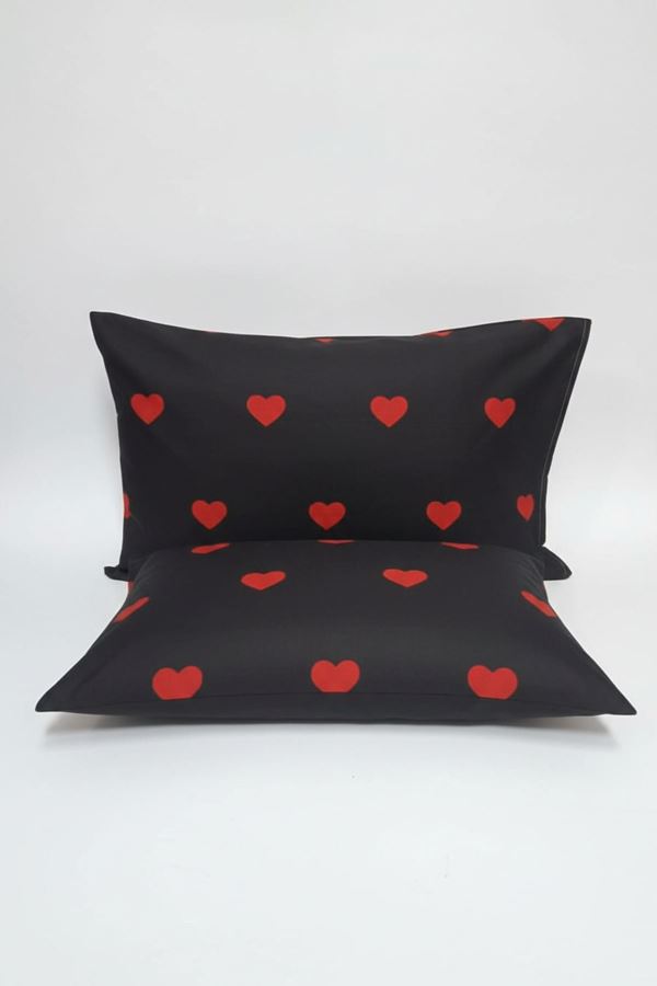Pamuklu Kalp Desen Yastık Kılıfı Siyah