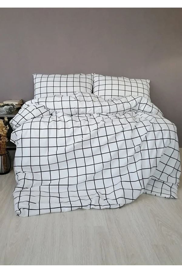 ÇİFT KİŞİLİK PAMUKLU EKOSE KARELİ NEVRESİM TAKIMI ( ÇARŞAF LASTİKLİ ) Beyaz