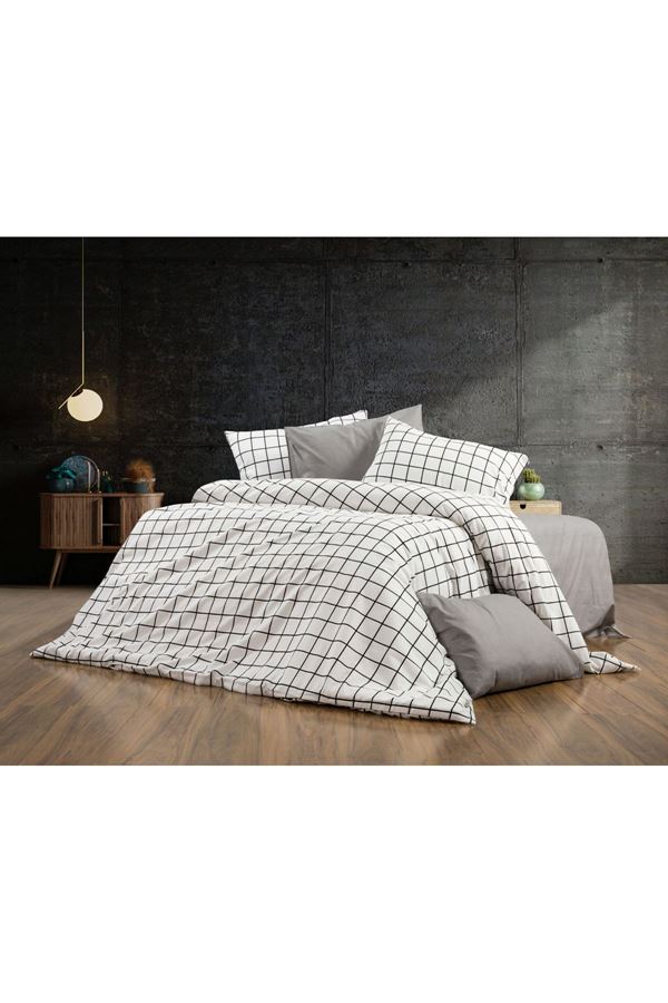 ÇİFT KİŞİLİK PAMUKLU EKOSE KARELİ NEVRESİM TAKIMI ( ÇARŞAF LASTİKLİ ) Beyaz