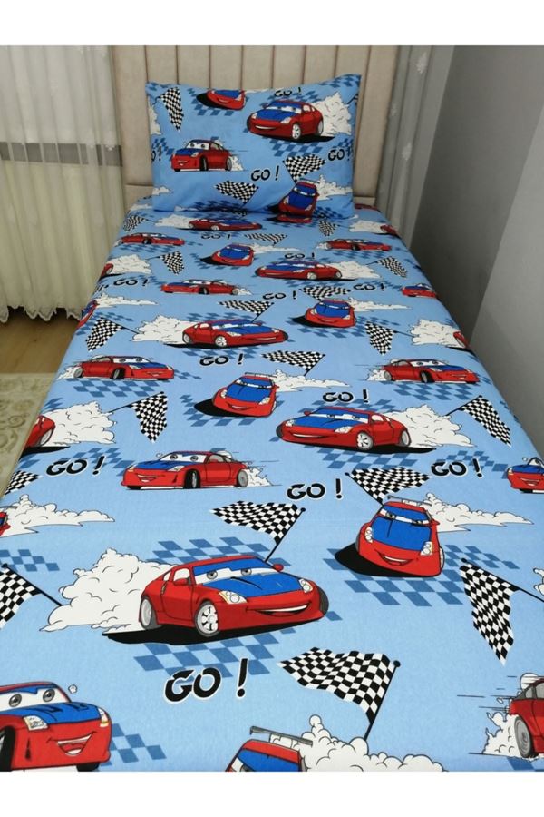 Tek Kişilik Arabalı Ranforce Dokuma Kumaş Lastikli Çarşaf Takımı Mavi