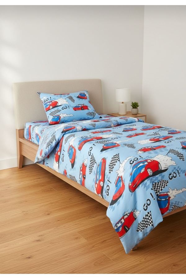 Tek Kişilik Arabalı Çocuk Pamuklu Nevresim Seti ( 1 Adet Nevresim - 1 Adet Yastık Kılıfı) Mavi