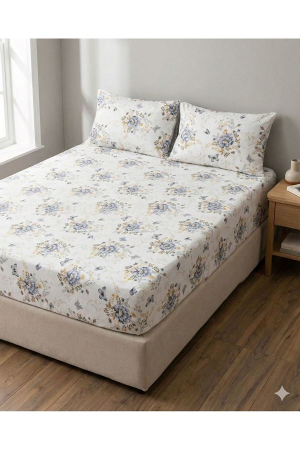 Pamuklu Ranforce Kumaş Tek Kişilik Lastikli Çarşaf Takımı (100X200 & 120X200) Kelebek Gri