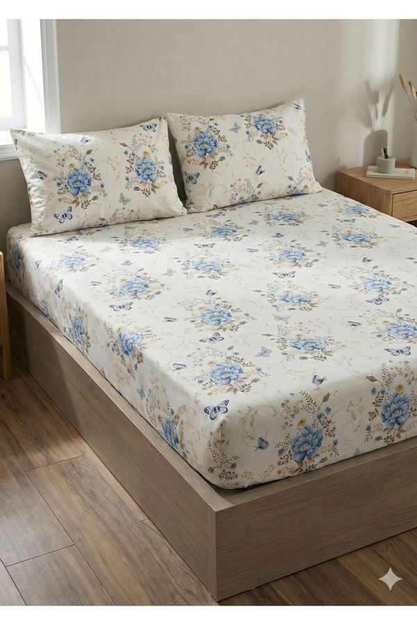 Pamuklu Ranforce Kumaş Çift Kişilik Lastikli Çarşaf Takımı (160X200 & 180X200) Kelebek Mavi