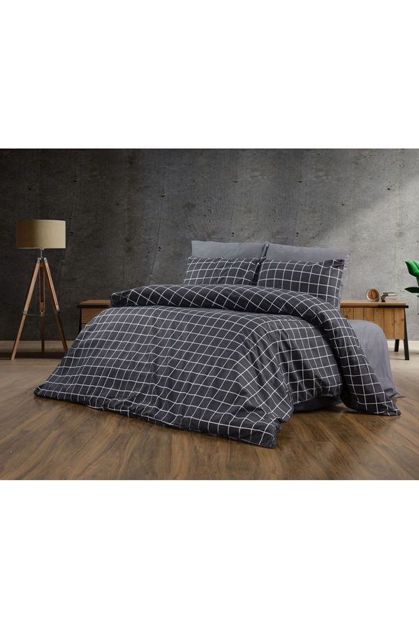 Tek Kişilik Pamuklu Ekose Nevresim Takımı Kareli ( Çarşafı Lastikli ) Siyah