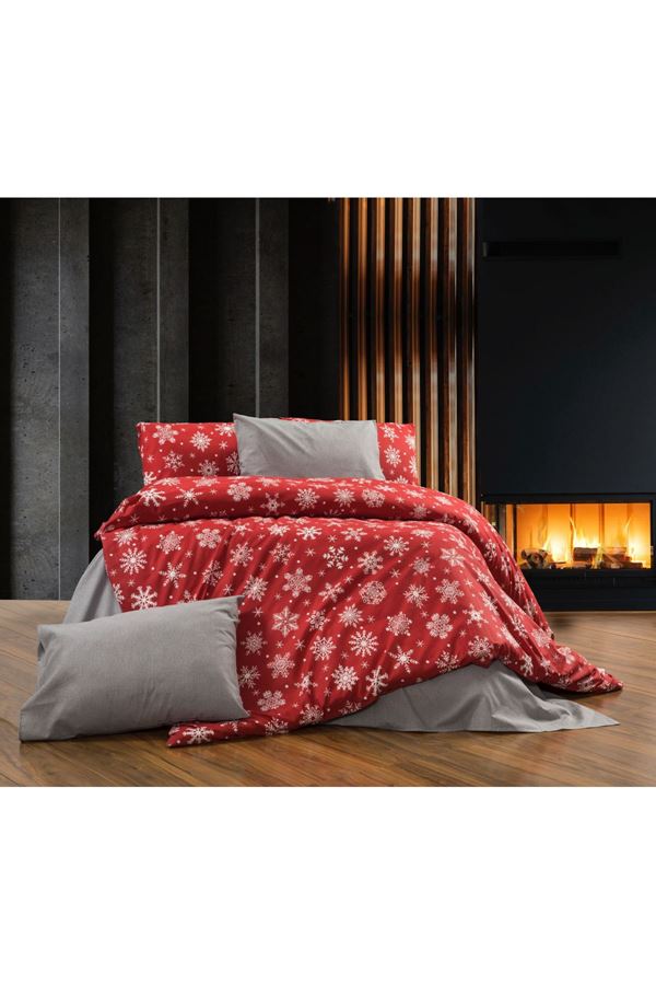 Kar Desen Pamuklu Çift Kişilik Nevresim Takımı Kırmızı