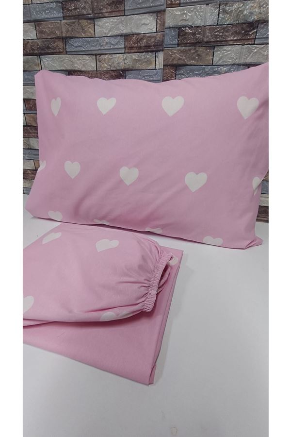 TEK KİŞİLİK PAMUKLU LASTİKLİ ÇARŞAF TAKIMI 100X200 & 120X200 PEMBE KALP