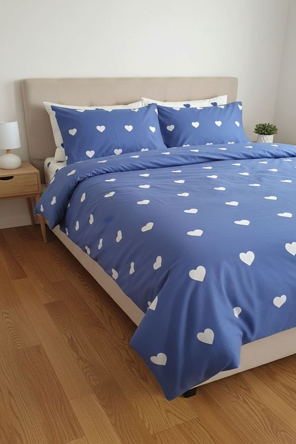 180X200 Yataklar İçin Battal Boy Nevresim Takımı ( Çarşafı Lastikli ) Mavi kalp