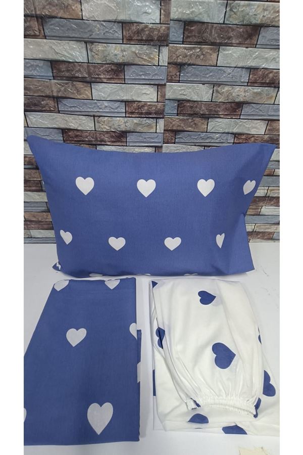 180X200 Yataklar İçin Battal Boy Nevresim Takımı ( Çarşafı Lastikli ) Mavi kalp