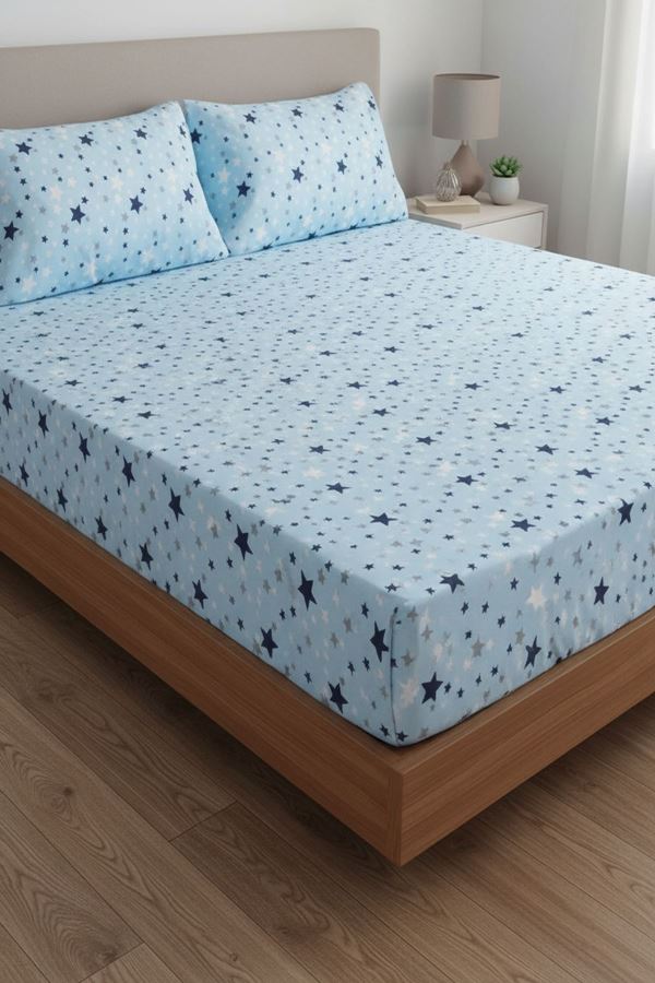 Pamuklu Kumaş Yıldız Desen Lastikli Çarşaf Takımı Mavi