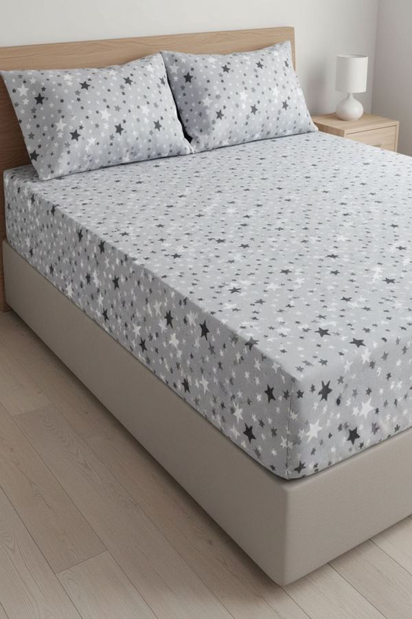 Pamuklu Kumaş Yıldız Desen Çift Kişilik Lastikli Çarşaf Takımı GRİ