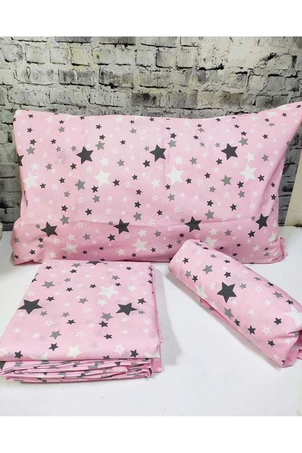 Pamuklu Kumaş Yıldız Desen Lastikli Çarşaf Takımı Pembe