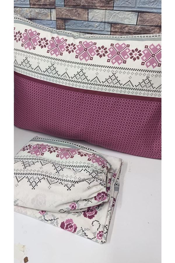 Çift Kişilik Kanaviçe Desen Pamuklu Lastikli Çarşaf Takımı GÜLKURUSU