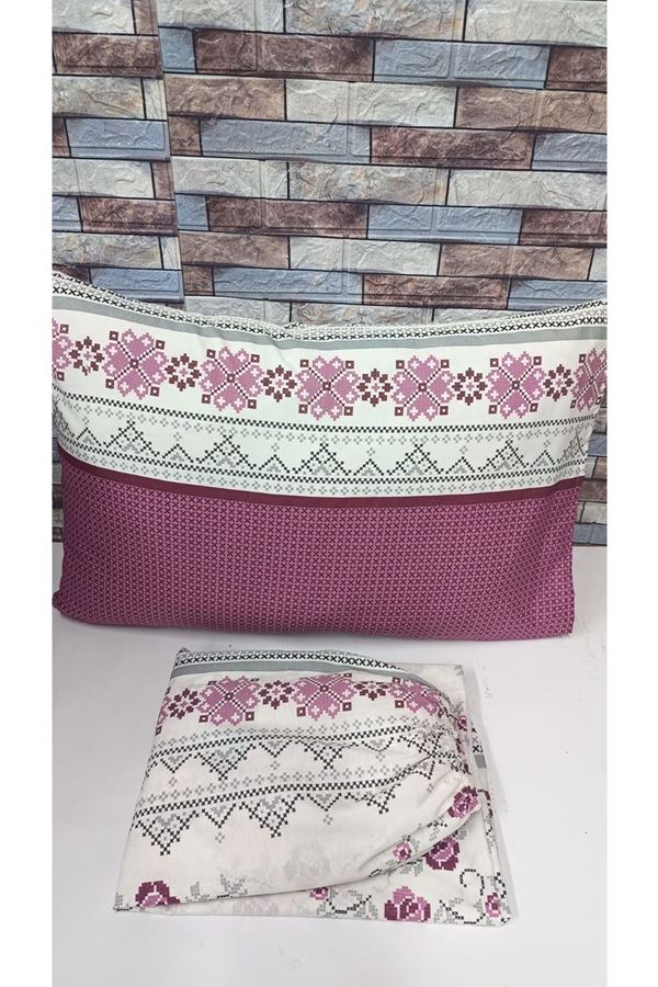 Çift Kişilik Kanaviçe Desen Pamuklu Lastikli Çarşaf Takımı GÜLKURUSU