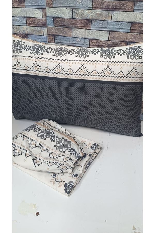 Çift Kişilik Kanaviçe Desen Pamuklu Lastikli Çarşaf Takımı Gri