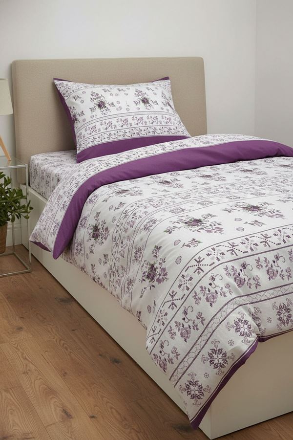 Tek Kişilik Yeni Kanaviçe Gül Desen Pamuklu Nevresim Takımı ( Çarşafı Lastikli ) Mor
