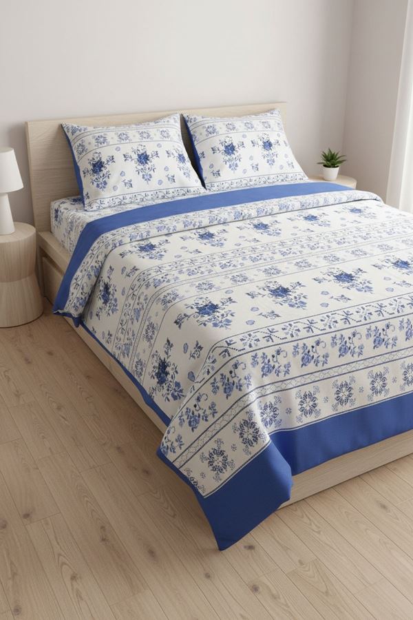 Çift Kişilik Yeni Kanaviçe Gül Desen Pamuklu Nevresim Takımı ( Çarşafı Lastikli ) Mavi