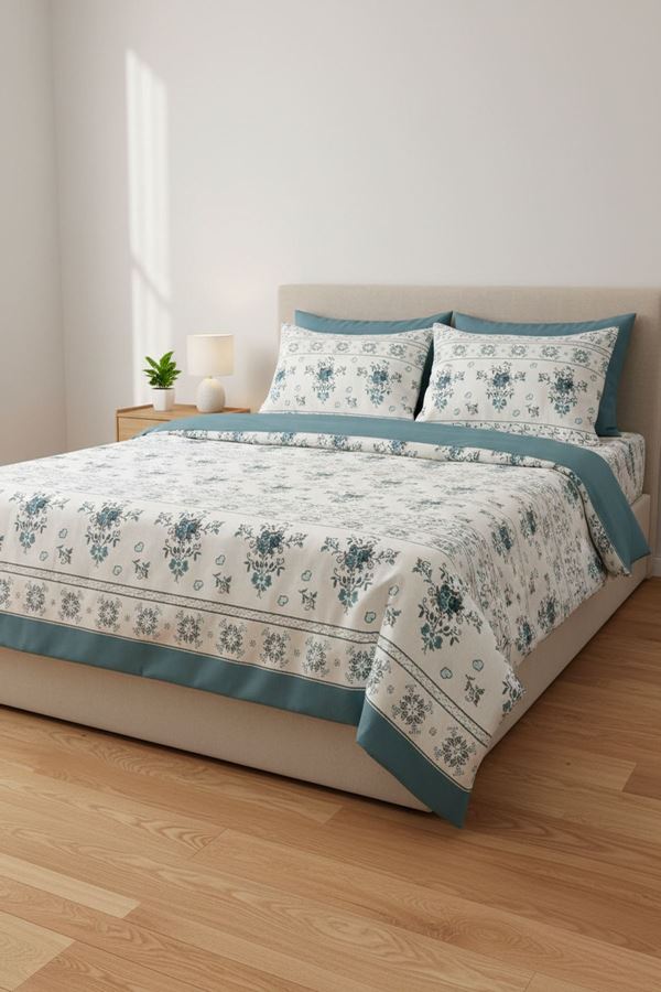 Çift Kişilik Yeni Kanaviçe Gül Desen Pamuklu Nevresim Takımı ( Çarşafı Lastikli ) Turkuaz