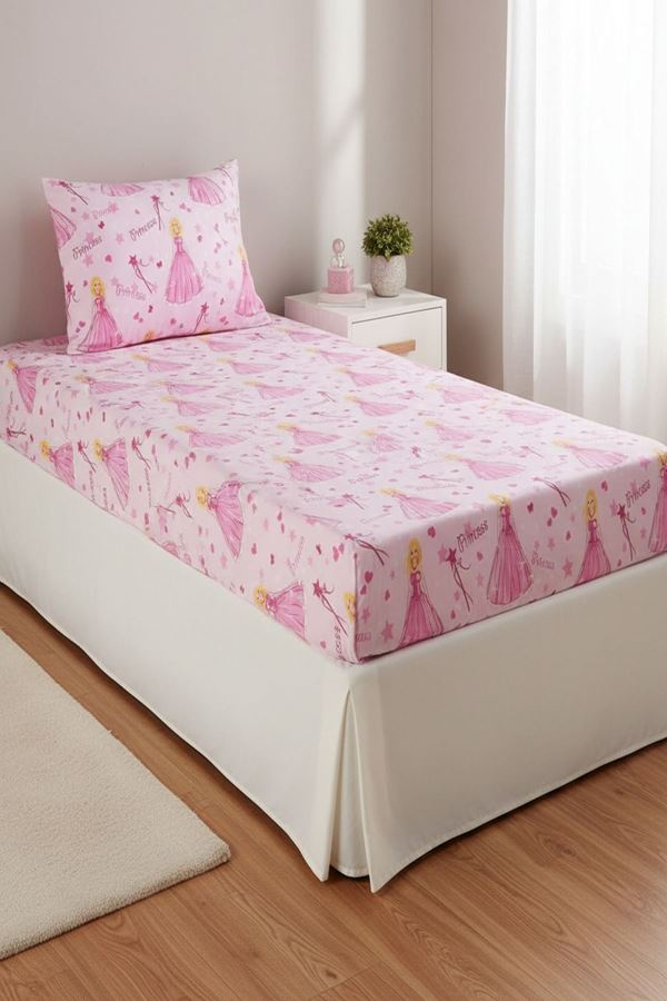 Prenses Pamuklu Kız Çocuk Lastikli Çarşaf Takımı Pembe