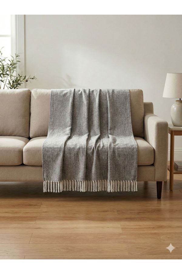 Naturel Püsküllü Koltuk Örtüsü 175x220 Kahve