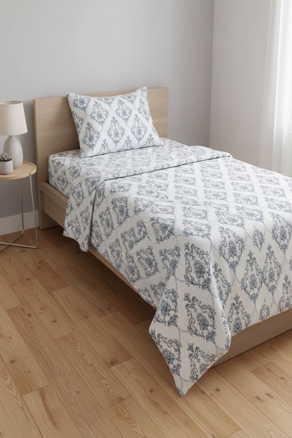 %100 Pamuk Kumaş Damaks Desen Tek Kişilik Nevresim Takımı Mavi